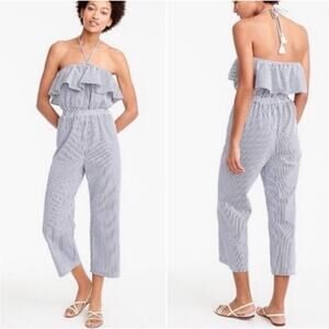J. CREW NWT Blue & White Seersucker Sleeveless Elastic Waist Jumpsuit Size S